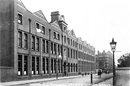 Photo:Exterior view of the Great Central Railway Goods Dept Office, Lisson Grove, with Portman Buildings in the background.